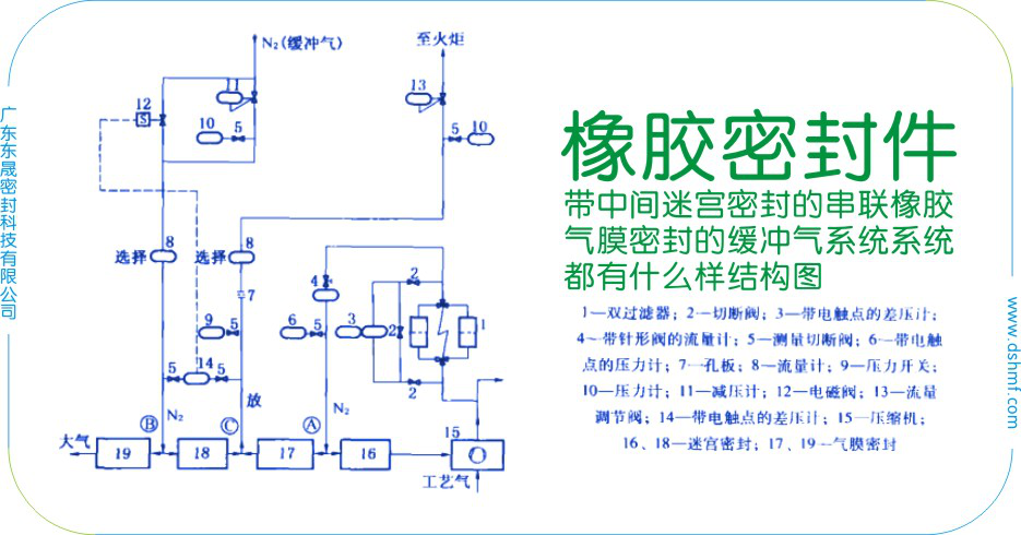 帶中間迷宮密封圈的串聯橡膠氣膜密封圈的緩沖氣系統系統結構圖
